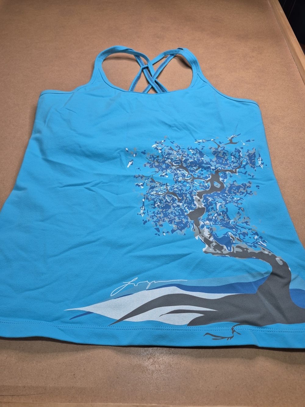 Eddie Bauer Turquoise Crisscross Back Tank with Tree Graphic